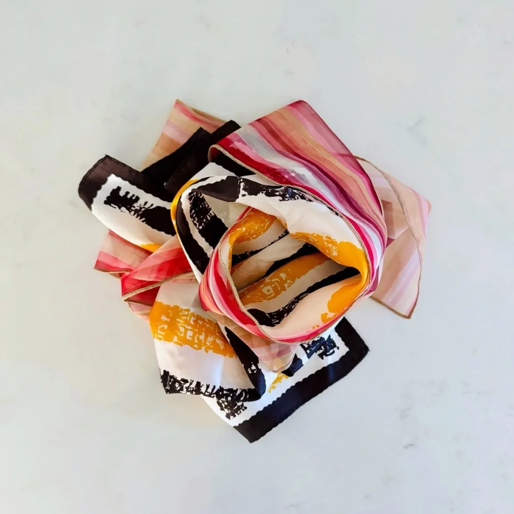 BUNDLE (2) Retro Print Scarves: Sheer Pink Stripe & Art Stripe (Mustard & Black)